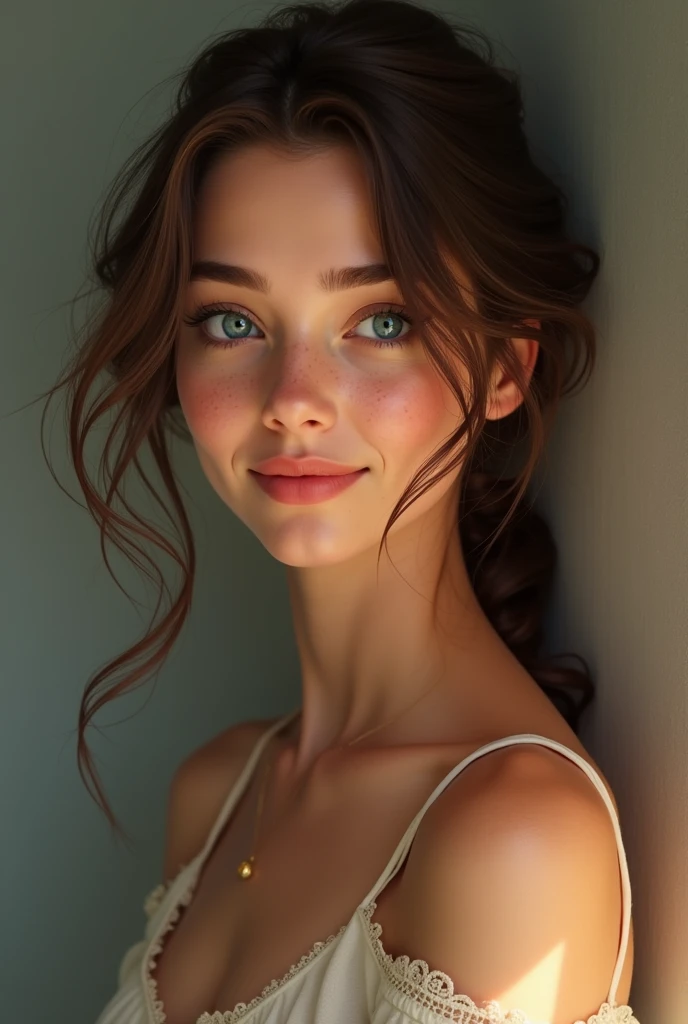 jeune fille de 20 ans, brune, smooth hair, refined visage, blue eyes, ukrienne/French. less curly hair, really smooth and without jewelry, tanned skin, a little more realistic, with a smile, rajoute des taches de rouseur, la photo ne doit pas être un portrait, in 3/4 face