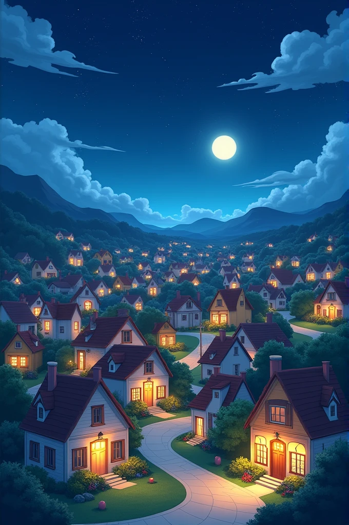 A beautiful city at night time with tiny houses with light bulb glowing anime style