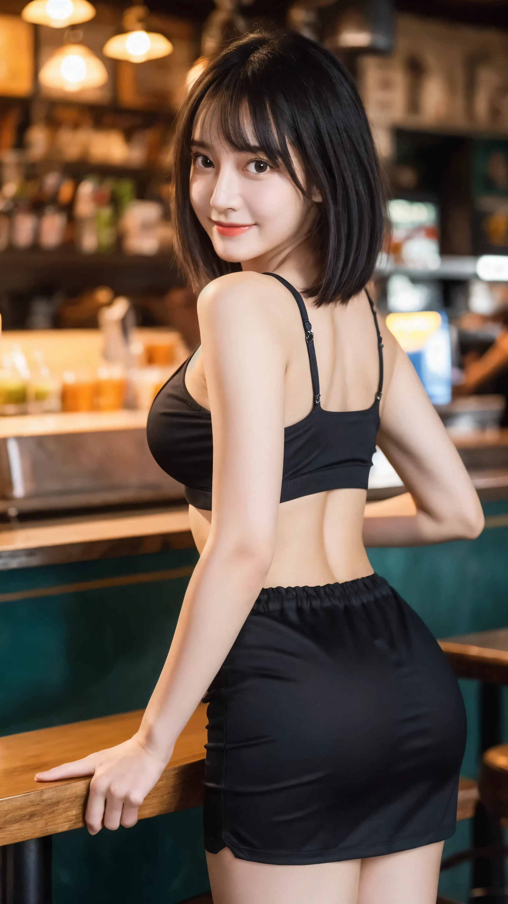 best quality,masterpiece,ultra high resolution,(lifelike:1.4),Highly detailed,Professional lighting smile,Have a meal,in restaurant,Tight crop top and shorts。 information