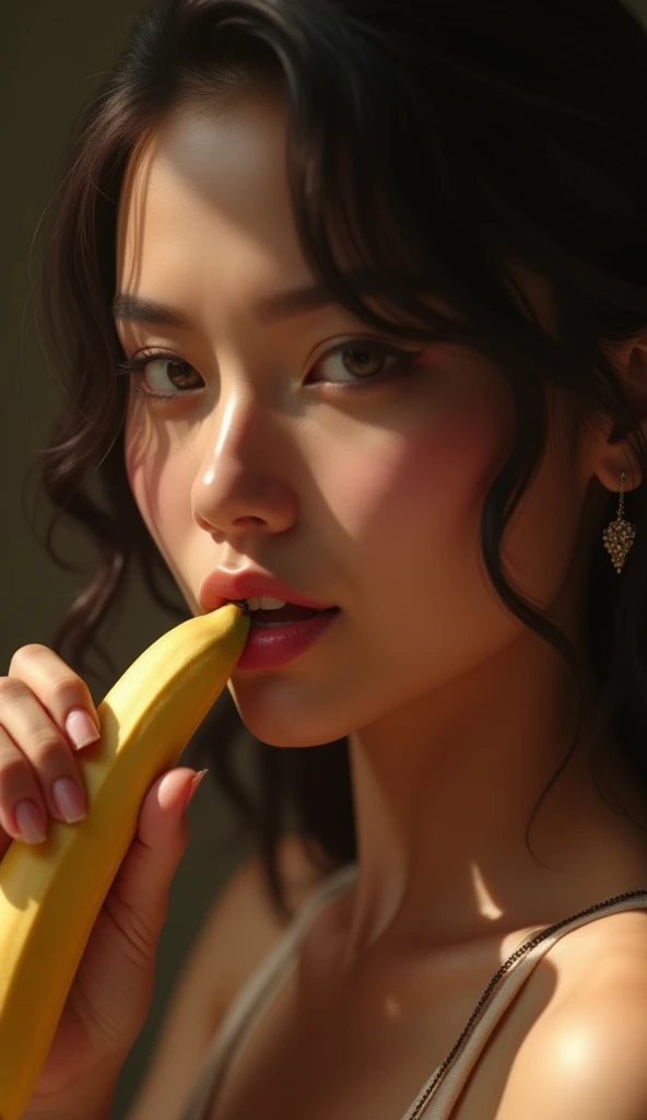Very beautiful woman sucking a banana