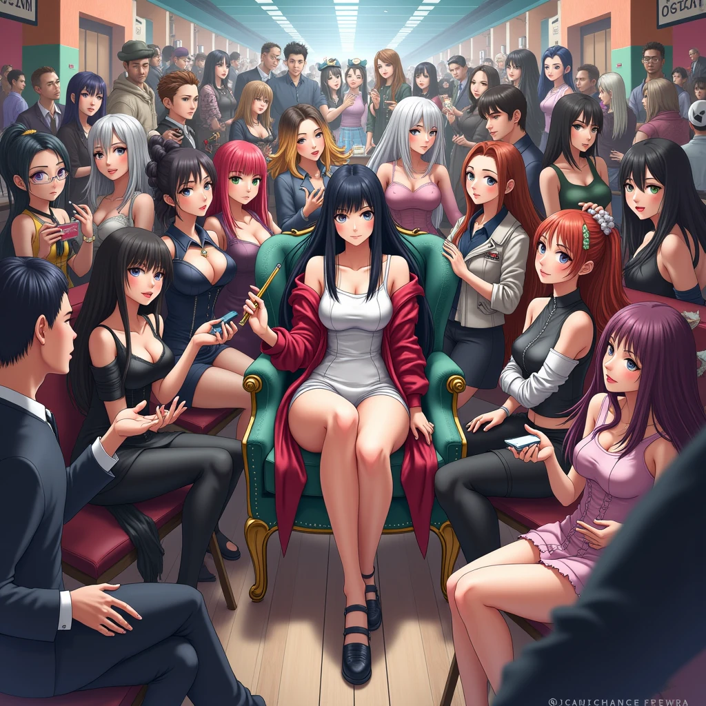 There are anime characters in rooms with a lot of people, nico robin, maya fey ace lawyer, Caitlyn de League of Legends, range murata and artgerm, sakimichan frank franzzeta, Samira do League of Legends, vanilla art, Estilo Ivan Talavera e Artgerm, arcane chance portrait