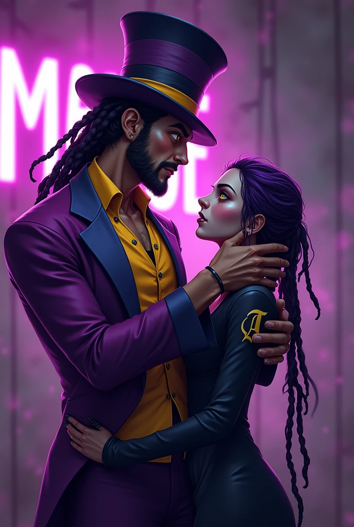 2people, 1 man, 1woman "Rumble for Wonderland: mad capper", fighting game character profile art, stylish mist aromatic prurple and white text,: depicting (((irish-caribbean agender person))),dressed as an futuristic grim fantasy mad hatter, in a purple and black tea parlor, wearing a slick yet battle worn,purple and dirty yellow mad hatter three peice suit over shirt with a slashed open and a purple and violet striped cap, they have purple and gold dreadlocks pigtails, beautiful and handsome, lanky physique, gold and violet swirl eyes), they are holding a mad hatter dinner party with a kidnapped woman, dressed in a black Alice in wonderland type outfit with an "A" printed on them,,shakled in their chair, completely unresponsive, a purplish liquid running from the woman lips, she is doe eyed , her pupils dilated and lifeless as the madcapper squeeze her face a look of madness Anger and passion on the madcapper features: Horror futuristic fantasy, fighting game art, perfect anatomy, perfect face, perfect hands, perfect physique, perfect lighting, perfect perspectives, masterpiece, hyper-detailed characters, 2.5d, sharp gradients, deep highlights, ultra hires animation, hyper-detailed human features, hyper resolution cel-shaded, best quality, expressive eyes, hyper-hdr, 8k, UHD, hyper- absurdres, hyper-aesthetic, depth of field,