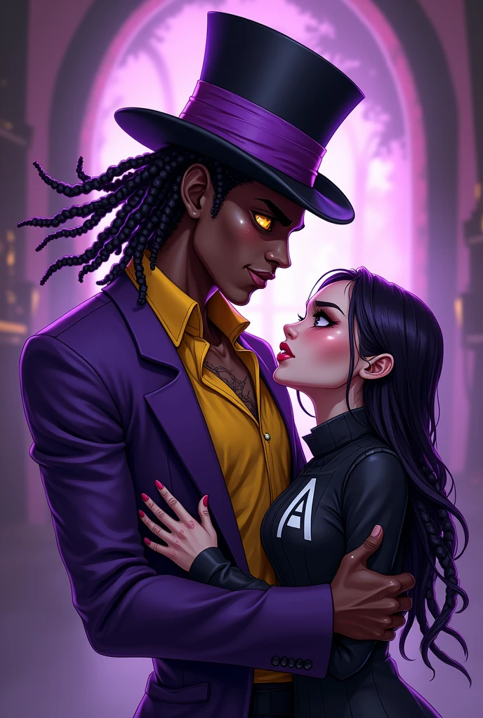 2people, 1 man, 1woman "Rumble for Wonderland: mad capper", fighting game character profile art, stylish mist aromatic prurple and white text,: depicting (((irish-caribbean agender person))),dressed as an futuristic grim fantasy mad hatter, in a purple and black tea parlor, wearing a slick yet battle worn,purple and dirty yellow mad hatter three peice suit over shirt with a slashed open and a purple and violet striped cap, they have purple and gold dreadlocks pigtails, beautiful and handsome, lanky physique, gold and violet swirl eyes), they are holding a mad hatter dinner party with a kidnapped woman, dressed in a black Alice in wonderland type outfit with an "A" printed on them,,shakled in their chair, completely unresponsive, a purplish liquid running from the woman lips, she is doe eyed , her pupils dilated and lifeless as the madcapper squeeze her face a look of madness Anger and passion on the madcapper features: Horror futuristic fantasy, fighting game art, perfect anatomy, perfect face, perfect hands, perfect physique, perfect lighting, perfect perspectives, masterpiece, hyper-detailed characters, 2.5d, sharp gradients, deep highlights, ultra hires animation, hyper-detailed human features, hyper resolution cel-shaded, best quality, expressive eyes, hyper-hdr, 8k, UHD, hyper- absurdres, hyper-aesthetic, depth of field,
