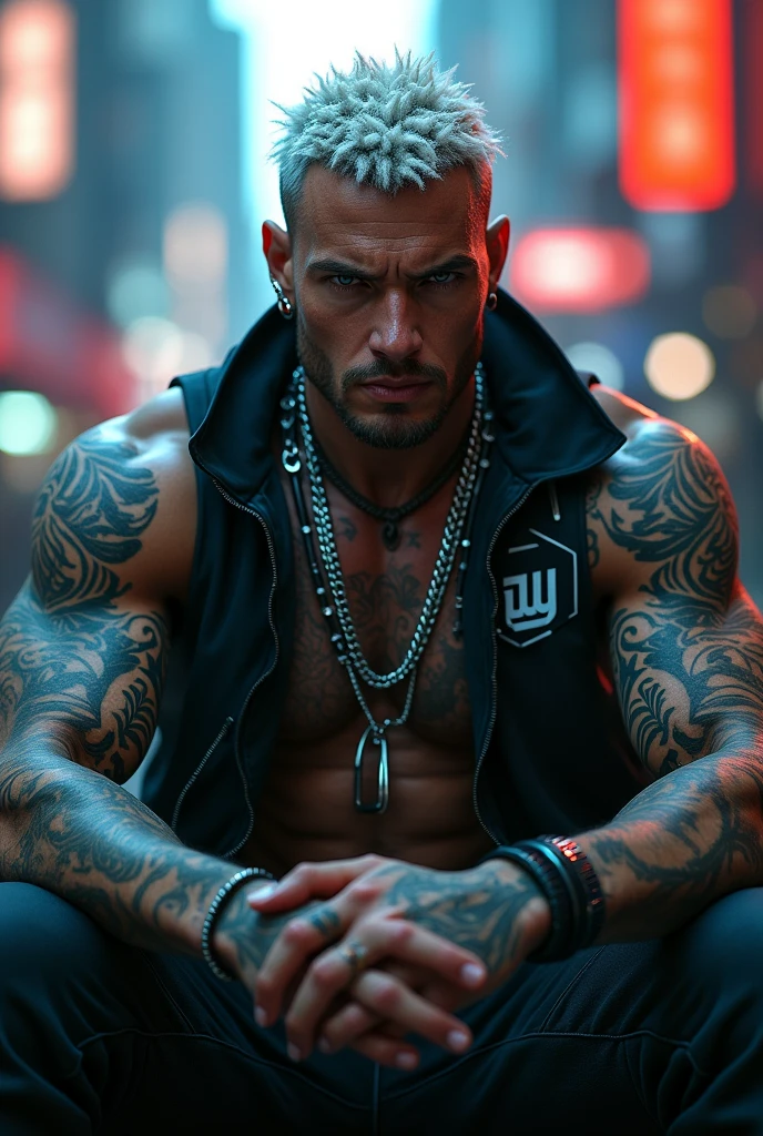 "Dark theme :: Closeup of face, Ultra realistic cyberpunk style muscular tattooed male with piercings and white hair (cornrows) seated :: cyberpunk way (grey eyes) :: cool cyber punk jacket neon eyes :: shirtless:: dark thesis :: natural lighting :: bokeh :: 8k :: Best Quality :: masterpiece :: Futuristic cityscape background"