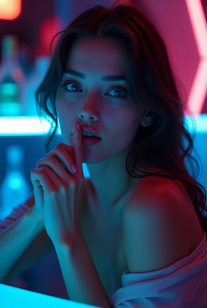 Close-up image, an extremely beautiful woman with very blue eyes, long jet black hair, full lips, small nose, very beautiful, In a VIP bar, phosphorescent lights in the background, with a finger on his lips, dressed in a black top, very beautiful