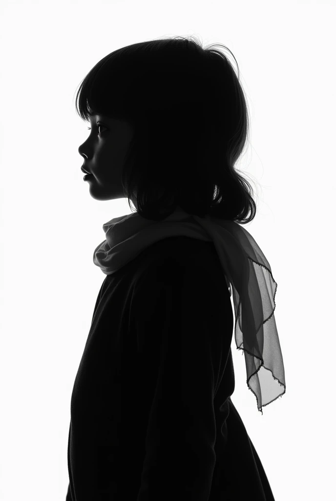 the silhouette of a child in black and white and the child has a scarf