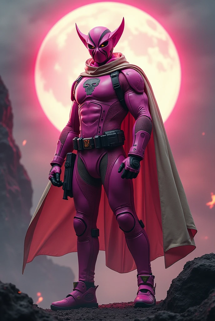 high-tech suit, vivid effects, malaysian superhero (KELUANG MAN) in a striking pink and beige costume cyberpunk design, mask small mini bat ear beige, daredevil biage mask white eyes, jumpsuit dark pink stands confidently in a dramatic, stormy landscape. ((Head covered node guard like batman , athletic body type, small mini ear bat mask))The character wears domino mask a helmet with pointed mini torn ears and a flowing cape biege, open nose and mouth. Equipped with visible futuristic weapons on a belt,bullet proof jacket pink dark day, dark night, big supermoon effect .logo on chest triangle shape small punisher logo center triangle cyber logo center on chest pink logo mini logo . rocky. Building top. , adding to --ar 3:4 --style raw --stylize 500 --v 6.1