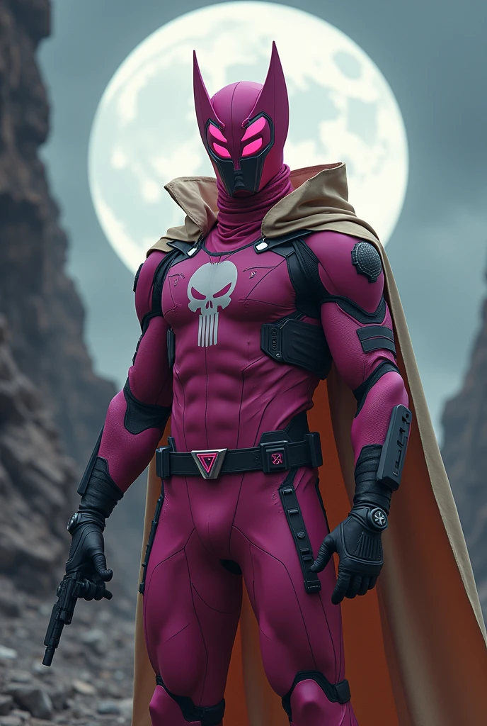 high-tech suit, vivid effects, malaysian superhero (KELUANG MAN) in a striking pink and beige costume cyberpunk design, mask small mini bat ear beige, daredevil biage mask, jumpsuit dark pink stands confidently in a dramatic, stormy landscape. ((Head covered node guard like batman , athletic body type, small mini ear bat mask))The character wears domino mask a helmet with pointed mini torn ears and a flowing cape biege, open nose and mouth. Equipped with visible futuristic weapons on a belt,bullet proof jacket pink dark day, dark night, big supermoon effect .logo on chest triangle shape small punisher logo center triangle cyber logo center on chest pink logo mini logo . rocky. Building top. , adding to --ar 3:4 --style raw --stylize 500 --v 6.1