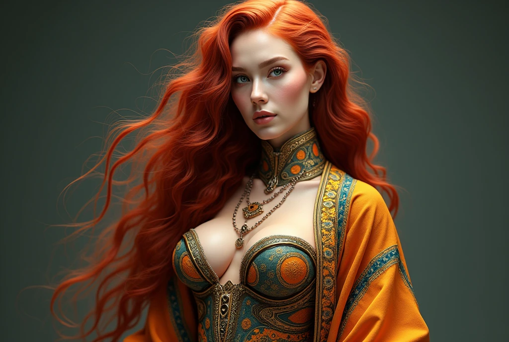 (full body with legs) ,Arafed, a 2 Caucasian woman, extra big long reddish hair with curls, light blue eyes, wearing a colorful dress and a standing shawl, dressed in an elegant tribal suit, tribal clothing, sukhothai suit, tribal style, lam manh style, traditional beauty, mix between tribal and high technology, inspired by Dai Xi, inspired by Gao Kegong, inspired by Jin Nong, traditional clothing, complex costume, traditional clothing, large breasts, contoured waist, buttocks: 1.4, thick thighs, full hd, 16k