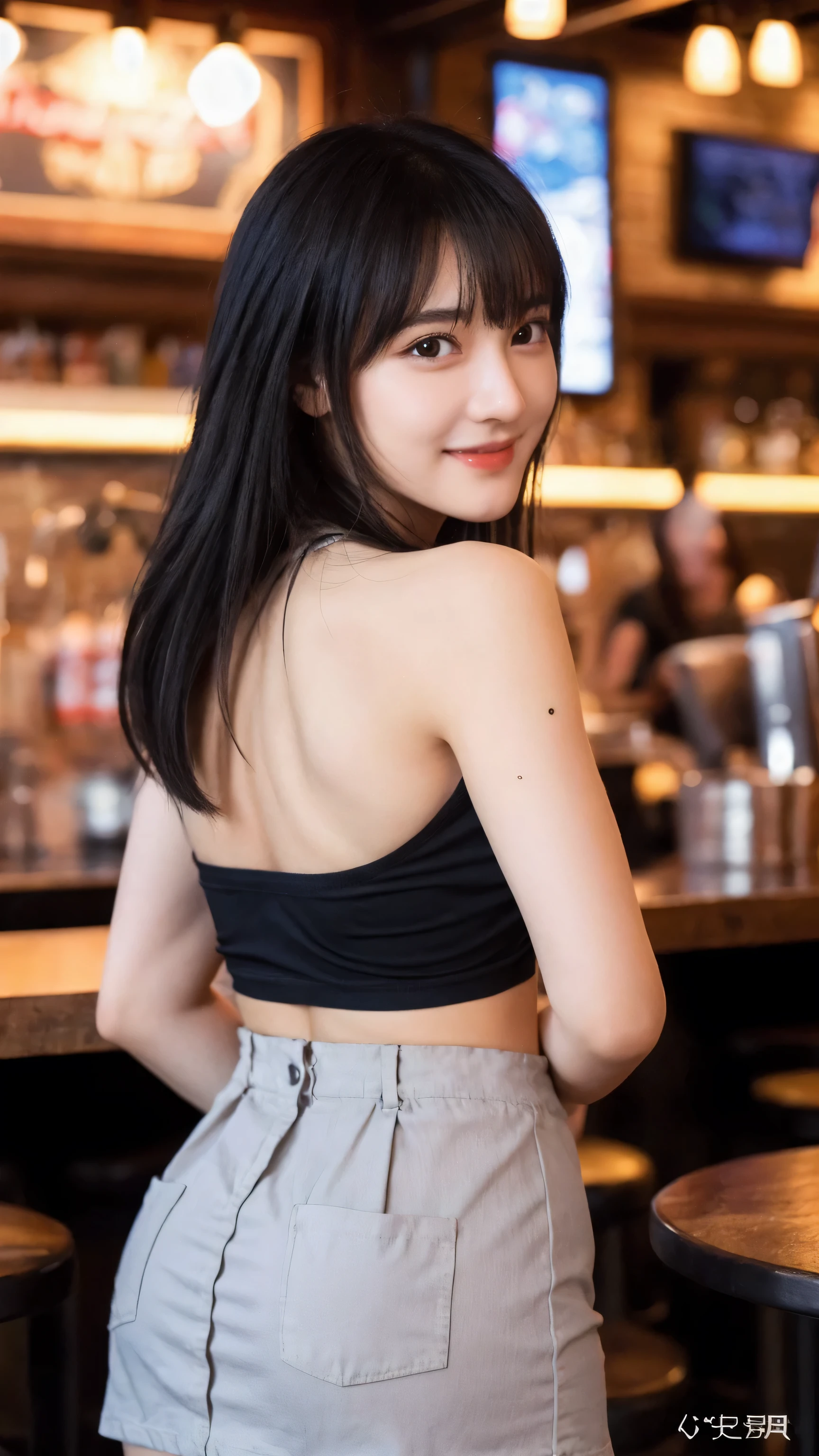 (8k, RAW Photo, Best Quality, Masterpiece:1.2), table top, Ultra Detail, Super Resolution, (Realistic, Realistic Photo:1.37), Portrait, High Detail RAW Color Photo, Professional Photo, Extremely Detailed and Beautiful, Extremely detailed, 8k wallpaper, amazing and detailed, huge file size, official art, highly detailed CG unity 8k wallpaper, highly detailed beautiful girl, highly detailed face, highly detailed eyes, highly detailed skin, highly detailed fingers, highly detailed nose, very detailed detailed mouth , perfect anatomy, highly detailed background, highly detailed clothes, 1girl, ,cute girl, realistic body, fair skin, glowing skin , slim body, handsome body, black hair , Semilong hair, (blunt bangs:1.2), smile, cute, youthful, cute face, realistic face, delicate eyes, drooping eyes, looking at viewer, (from behind), standing posture, Contraposto, dynamic lighting, (medium breasts), (Perfect Body Proportions), (slender Body Proportions), (tank top), (mini skirt), (Inside the pub),