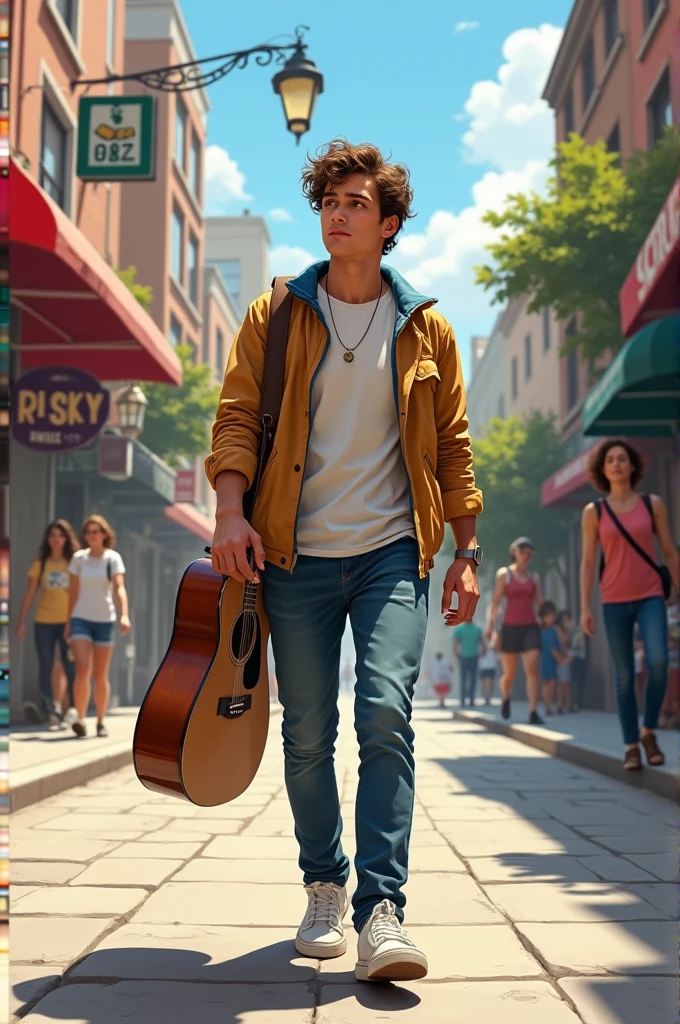 A 20 year old guy walking down the street with his guitar