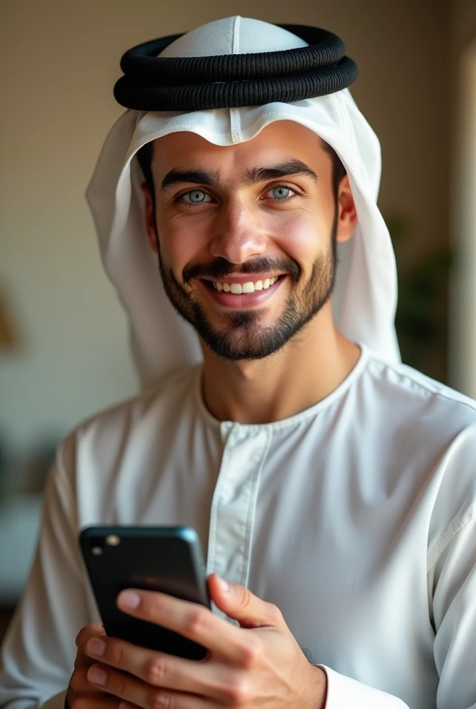 (best quality, 4k, 8k, highres, masterpiece:1.2), ultra-detailed, (realistic, photorealistic, photo-realistic:1.37), The same attractive man with blue eyes and golden hair, wearing traditional Arabian attire, holding a smartphone in his hand and smiling warmly at the camera, his expression is inviting and charming, designed to draw the viewer in, the background is a soft, appealing setting that complements his engaging presence.