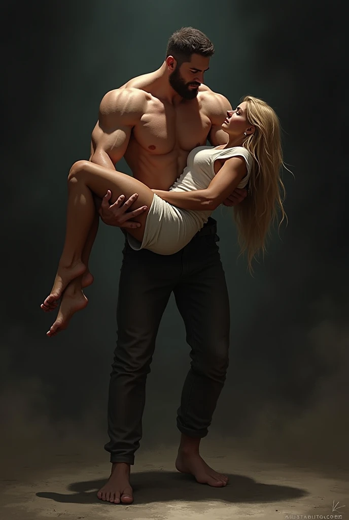 a tall white man carrying a brown skinned woman with bronde hair and a wounded arm