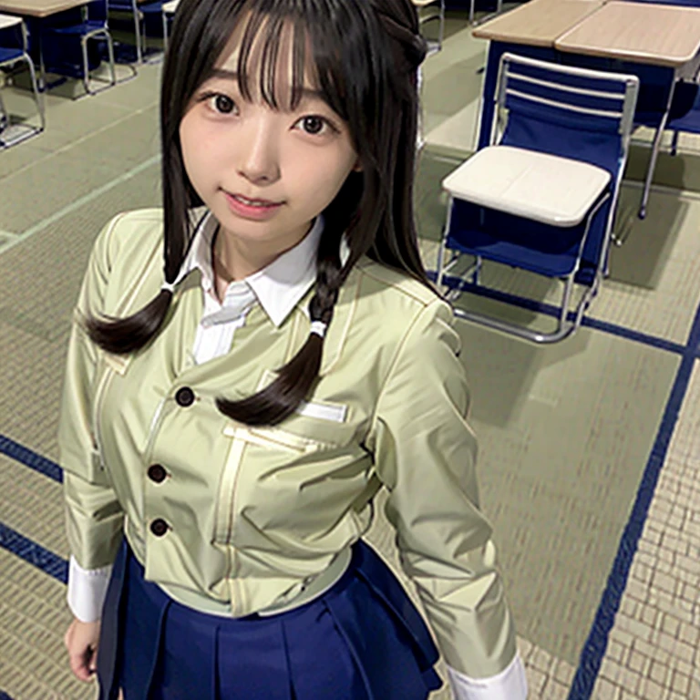One person, Long Hair, High resolution, masterpiece, Accurate, Anatomically correct, 最High quality, detailed, High detailed, High resolutionモデル, High quality, quality, smile、One person, blush, School、classroom、Simple uniform、high school girl、Japan、Long Hair, Large Breasts, Wide-angle shot, far and near method