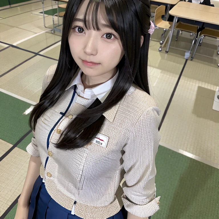One person, Long Hair, High resolution, masterpiece, Accurate, Anatomically correct, 最High quality, detailed, High detailed, High resolutionモデル, High quality, quality, smile、One person, blush, School、classroom、Simple uniform、high school girl、Japan、Long Hair, Large Breasts, Wide-angle shot, far and near method