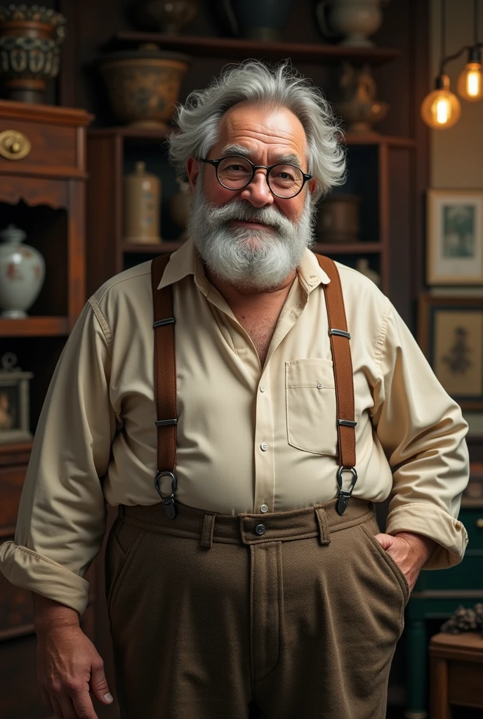 a man with gray hair and beard. He wears bottle-bottom glasses that magnify his eyes, and his appearance is robust and a little corpulent. He is wearing a long sleeved shirt and suspenders holding up his fabric pants.. His expression is friendly and welcoming, reflecting the experience and charm of an antique shop owner