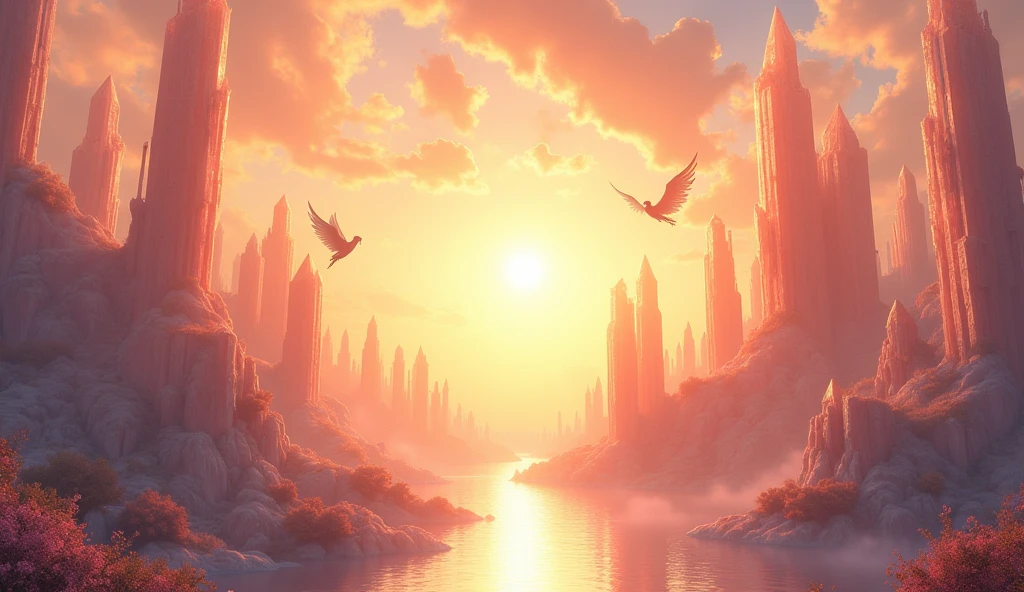 Heavenly Sunrise Over an Angelic City, city of angels made of amazing crystals of incredibly beautiful glow, A breathtaking city of angels at dawn, with golden sunlight streaming through towering, ethereal spires made of translucent crystal, bioluminescent flora, The soft, warm light illuminates the peaceful city, where gentle rivers of light flow between buildings, and the sky is painted with shades of pink, orange, and gold, with a few angels hovering gracefully in the air, Dynamic pose, Strong contrast, Good depth of field, 8K wallpaper, Masterpiece, Aesthetic illustration in realistic style, best quality, natural light, high res, highly detailed, All the colors and materials in this work are very harmoniously combined