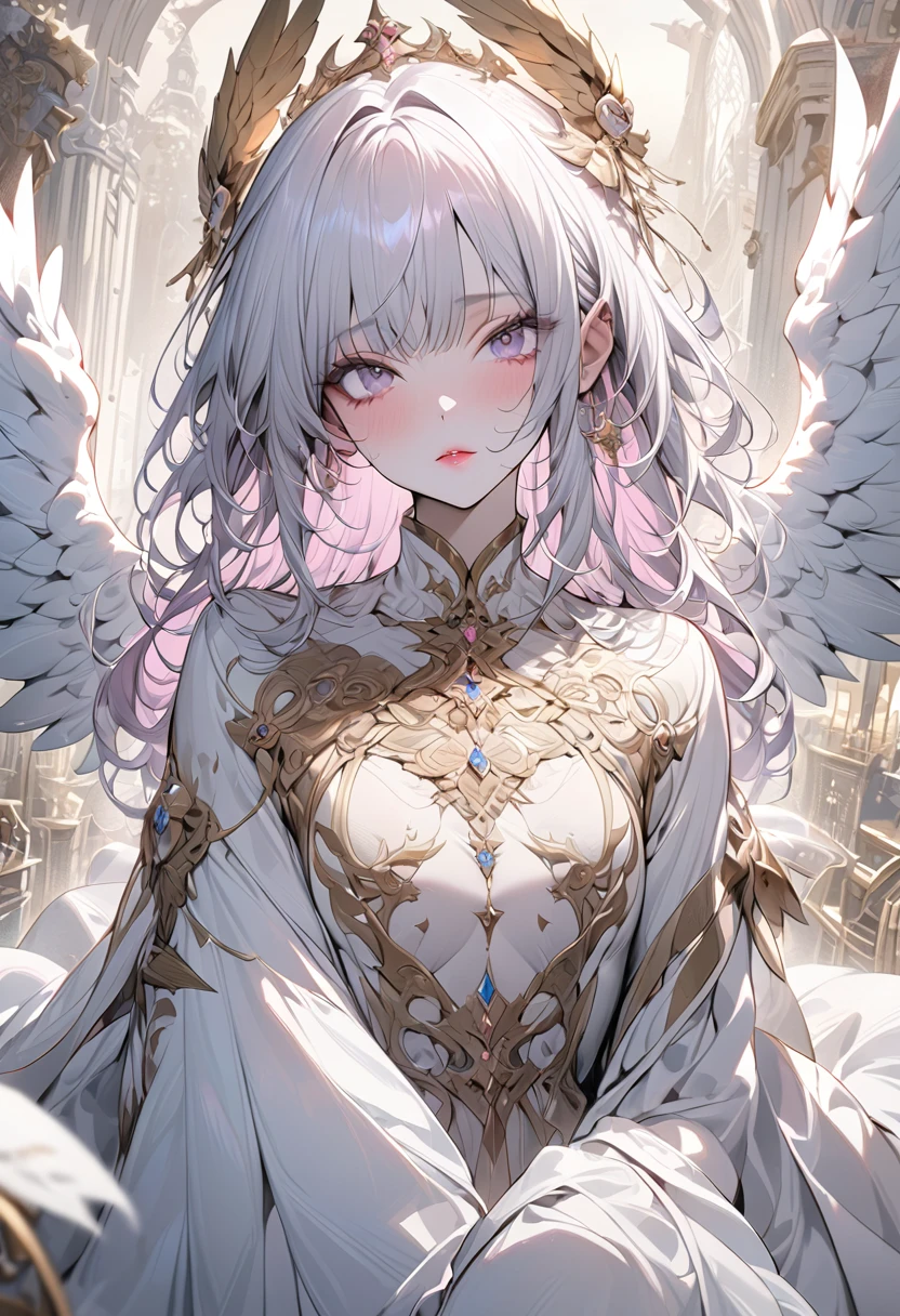 ((Original photo)), ((masterpiece)), Anthropomorphic humanoid angel girl in white royal robes, Intricate details,, A delicate Gribbles work, The sky behind, pink, Beautiful Wings, Fine eyes and lips