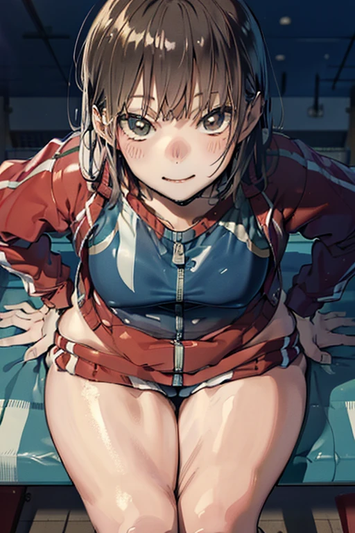 ((best quality)), ((masterpiece)), (detailed), 1girl, sexly, ChinatsuKano, 
Swimwear,
High school gymnasium,
 embarrassed, seductive smile,
(extreme close-up of thigh:1.5),  (The view is from very close below:1.5), Pushing hips forward,  (sitting), Open legs wide, spread legs, hands on own hips,
比基尼, track jacket,