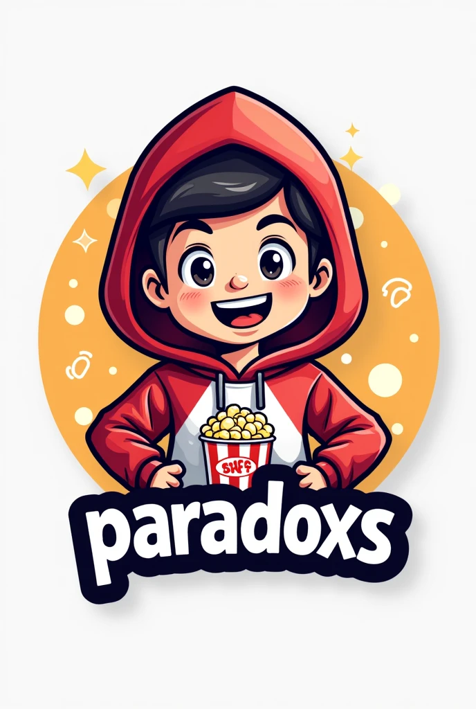 Create a mascot logo where the mascot is a gamer boy wearing a red and white hoodie with a popcorn design and underneath the letters of "PARADOXS"