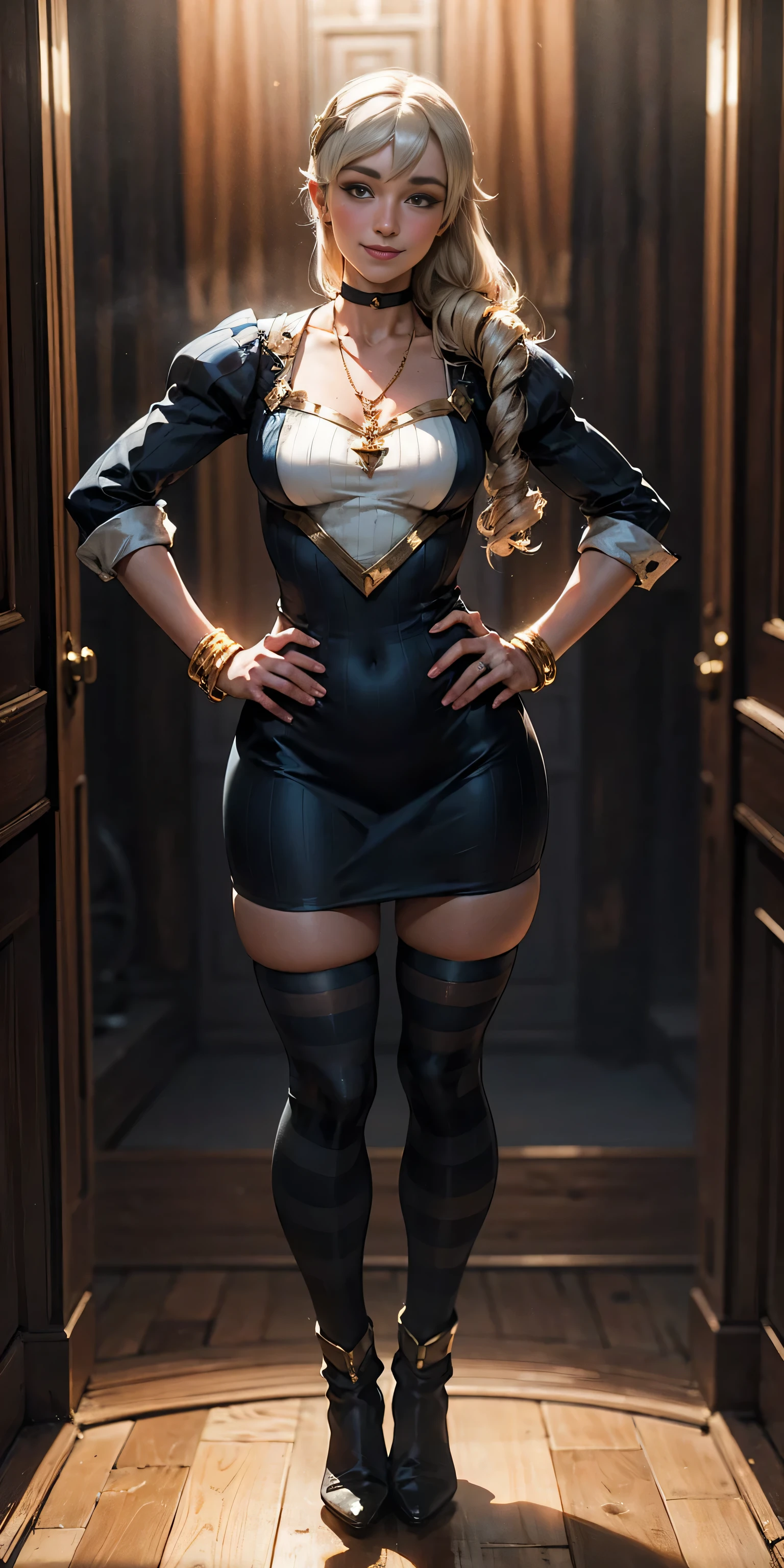 (Forrest (Fire Emblem Fates) LoRA
) 1 solo female full body standing straight symmetrical, looking at viewer, hands on hips, twin drill hairstyles, striped tights, golden bracelets, black choker with a golden heart pendant, hands on hips, confident smile, blushed cheeks