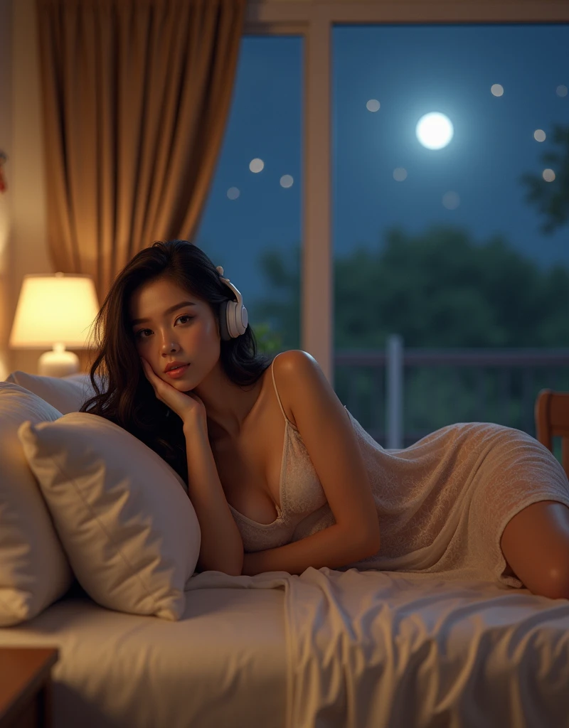 8K, ultra-realistic, hyper-realistic, photorealistic, masterpiece, ultra-detailed, natural lighting, HDR, professional rendering, sharp focus, true-to-life colors, textured surfaces: Create an image of an alone, confident 2 Filipina woman with an hourglass body shape, slightly curvy, standing at 5'4". She has fair skin, long and thick hair, and a small heart-shaped face with subtle cheekbones and a rounded chin. Her nose is delicate, pointy, and . She is lying in bed inside a beautifully decorated, well-lit room. The room is warmly illuminated by soft ambient lights, complemented by the gentle moonlight streaming through large windows. She is wearing elegant, transparent lingerie covered by a flowing transparent sleeping gown on top. The camera is positioned to capture her entire body, showing her relaxed pose as she lies in bed, wearing comfortable headphones while listening to music. Her hands rest comfortably at her sides or gently touch her face, reflecting her peaceful mood as she enjoys the music. Her serene expression suggests she is about to say good night. The night sky outside, dotted with stars, adds a tranquil and calming ambiance to the scene.