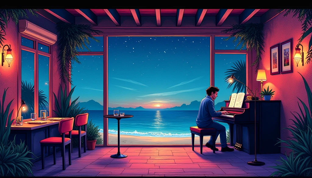 【最高masterpiece】Piano Jazz Bar， dream,  Analog Color Theme, Lo-fi hip hop , review, flat, 2.5D ,Draw a line, Ink Painting, Watercolor, Gouache Color,  Very colorful, Outerton, Krautlock, Lofi Art,Old Texture, amplitude,Psychedelic atmosphere, masterpiece, Technology of Wonders,Darken the room，A beautiful night at the beach with a starry sky outside the window