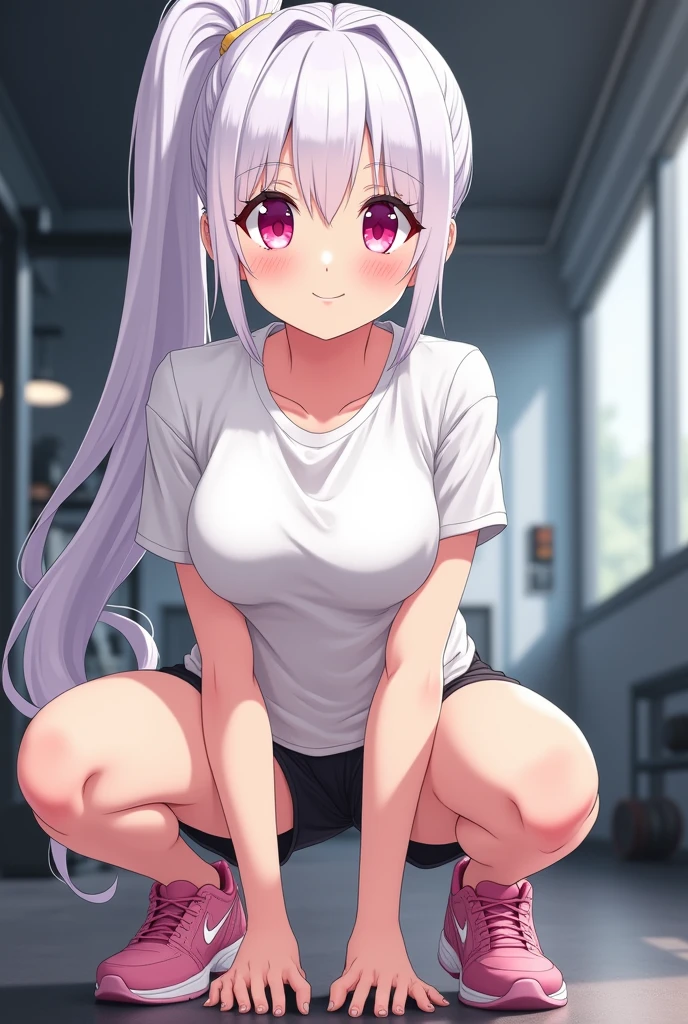 noa, white hair, long hair, ((topless)), masterpiece, best quality, highres, solo, large nipples, midriff, erect nipples, navel, gym, gym equipments, weight room, miror, halo, smile, medium breasts, leaning forward, blush, smiling, sweat, sticky liquid on body, purple eyes, black leggings, bare arms, bare elbow, puffy nipples