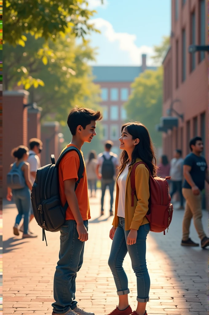 A realistic depiction of a college campus scene with students interacting. In the foreground, a young man (Akash) with a shy demeanor, holding his backpack, stands beside a lively and cheerful young woman (Maya). They are both wearing casual college attire.