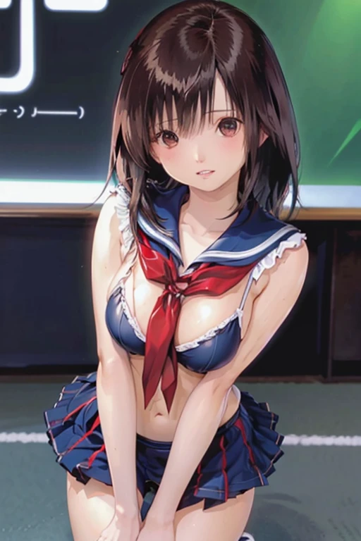 NSFW, 2.5d, 1 woman, solo, orgasm, (ahegao:1.2), (crying:1.2), (drooling), smile, steam from pussy, green detaled eyes, (Nipples:1.8), (spread pussy:1.3), Pubic hair, (clear pussy juice:1.3), (showing pubic area:1.3), (Large breasts), (cleavage), half opened mouth, (on a bed) , (spread legs to limit:1.5), (one knee up), ((thin thighs)), (crop top white shirt:1.3), (sleeveless:1.3), (Sailor uniform only for the upper body), (no Skirt:2.0), masterpiece, Best Quality, High quality, High Definition, Finely detailed, Detailed texture, realistic representation of face, Realistic, Colorful, Ray tracing, lighting forward, (Detailed beautiful delicate face, Detailed beautiful eyes, A perfectly proportioned face, High detailed skin, best ratio four finger and one thumb, ((Smooth texture, Realistic texture, Photorealistic)), (Beautiful face, Cute face, Detailed face), (red ribbon tie), Navel, blue sailor collar, side ponytail,at night