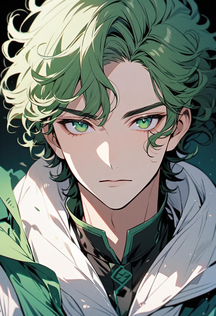 male, solo, handsome, curly hair, very short hair, green hair, green eyes, beautiful color, main face