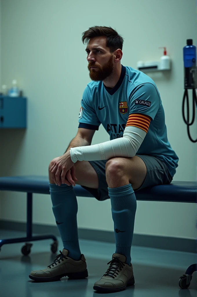 An image of Lionel Messi looking down, with a somber expression. His arm is in a cast, and he's sitting on a bench in a treatment room, symbolizing the struggles he faced in 2018.Hyper realistic