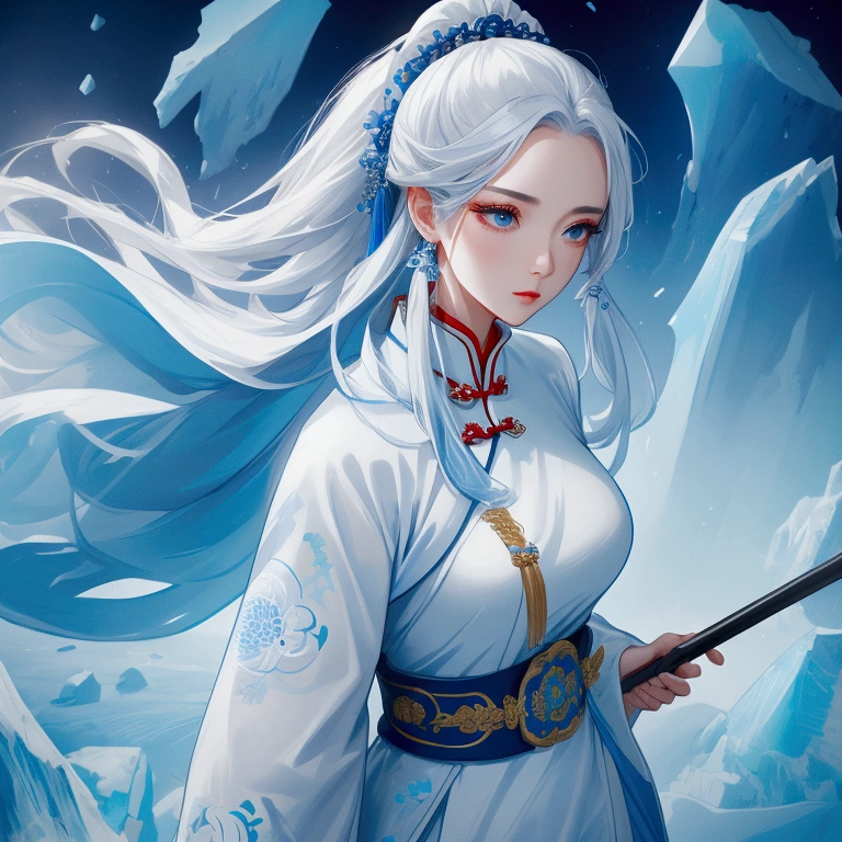 A beautiful female general holding a big spear in white ancient Chinese general costume, walking In the middle of a blue iceberg , close up.