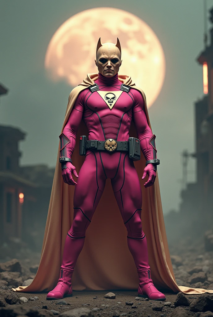 high-tech suit, vivid effects, malaysian superhero (KELUANG MAN) in a striking pink and beige costume cyberpunk design, mask small mini bat ear beige, daredevil biage mask white eyes, jumpsuit dark pink stands confidently in a dramatic, stormy landscape. ((Head covered node guard like batman , athletic body type, small mini ear bat mask))The character wears domino mask a helmet with pointed mini torn ears and a flowing cape biege, open nose and mouth. Equipped with visible futuristic weapons on a belt,bullet proof jacket pink dark day, dark night, big supermoon effect .logo on chest triangle shape small punisher logo center triangle cyber logo center on chest pink logo mini logo . rocky. Building top. , adding to --ar 3:4 --style raw --stylize 500 --v 6.1