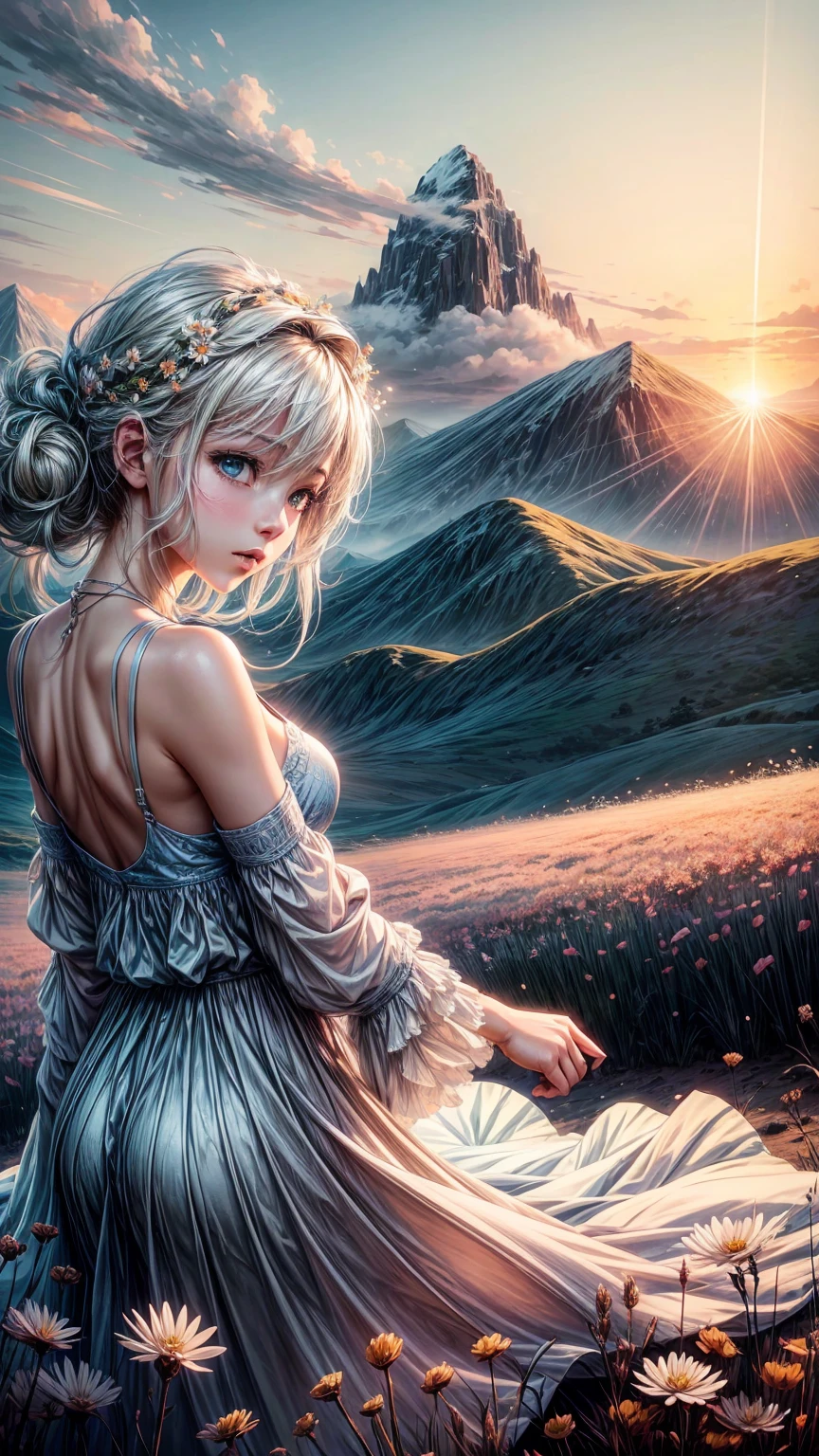 Create an anime-style illustration featuring a field of flowers in a delicate mixture of white and blue hues. The scene should capture the early morning sun rising from behind distant mountains. The sky should be painted with soft, flowing clouds that reflect the first light of day. Emphasize a cozy, vibrant atmosphere with dynamic movement in the flowers and clouds, evoking a sense of peaceful serenity and fresh beginnings.
