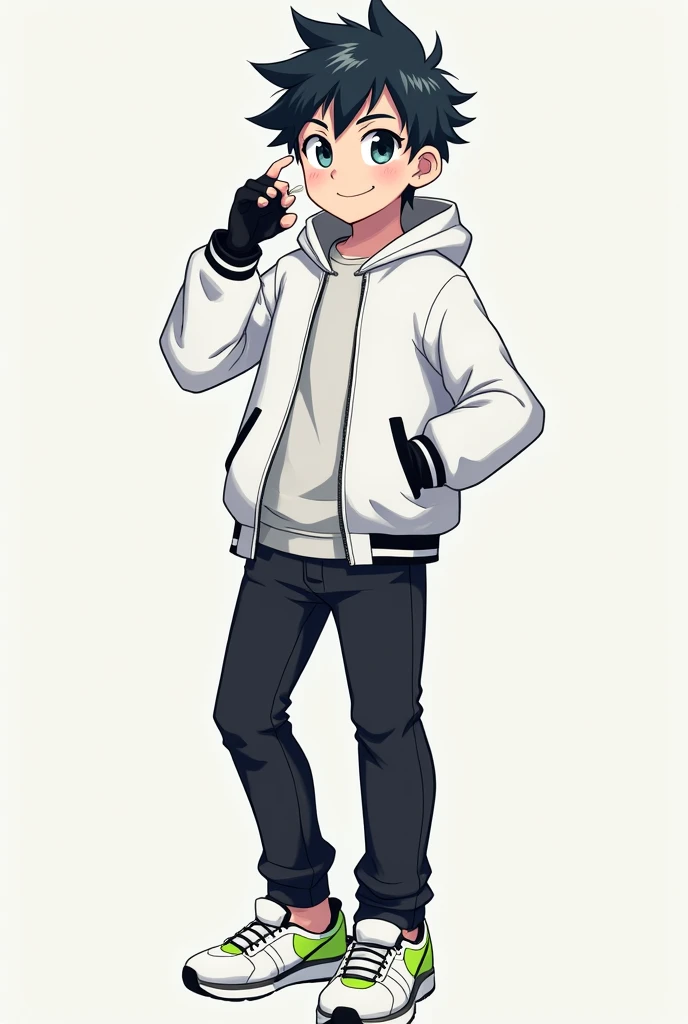 A male age character With short long black hair that is a little spiky with the hair slightly edging his face, navy blue eyes, happy, Jaketa White jacket, black pants, white sneakers with green, and with black gloves.