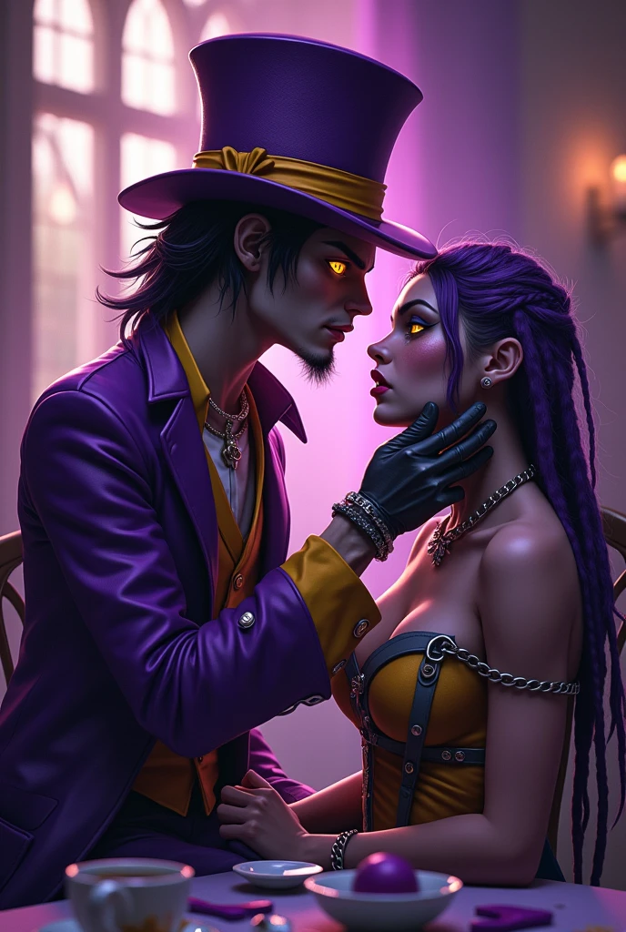 2people, 1 man, 1woman "Rumble for Wonderland: mad capper", fighting game character profile art, stylish mist aromatic prurple and white text,: depicting (((irish-caribbean agender person))),dressed as an futuristic grim fantasy mad hatter, in a purple and black tea parlor, wearing a slick yet battle worn,purple and dirty yellow mad hatter three peice suit over shirt with a slashed open and a purple and violet striped cap, they have purple and gold dreadlocks pigtails, beautiful and handsome, lanky physique, gold and violet swirl eyes), they are holding a mad hatter dinner party with a kidnapped woman, dressed in a black Alice in wonderland type outfit with an "A" printed on them,,shakled in their chair, completely unresponsive, a purplish liquid running from the woman lips, she is doe eyed , her pupils dilated and lifeless as the madcapper squeeze her face,  a look of madness Anger and passion on the madcapper features. Horror futuristic fantasy, fighting game art, perfect anatomy, perfect face, perfect hands, perfect physique, perfect lighting, perfect perspectives, masterpiece, hyper-detailed characters, 2.5d, sharp gradients, deep highlights, ultra hires animation, hyper-detailed human features, hyper resolution cel-shaded, best quality, expressive eyes, hyper-hdr, 8k, UHD, hyper- absurdres, hyper-aesthetic, depth of field,