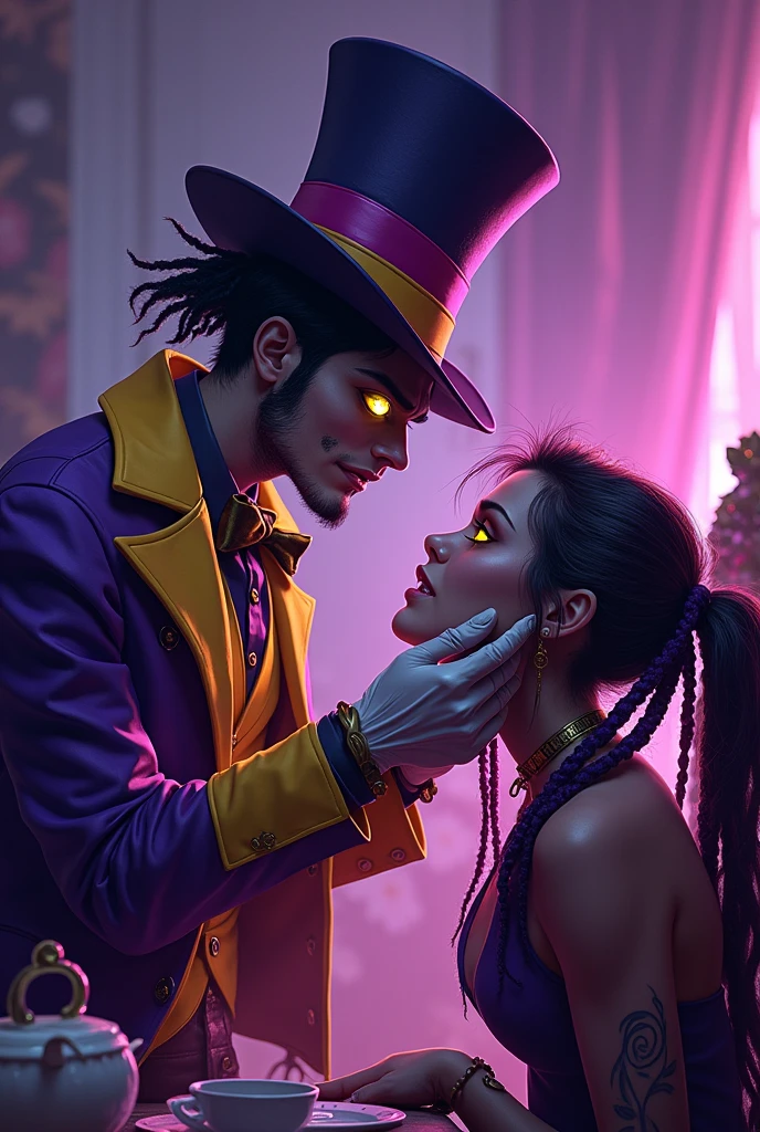 2people, 1 man, 1woman "Rumble for Wonderland: mad capper", fighting game character profile art, stylish mist aromatic prurple and white text,: depicting (((irish-caribbean agender person))),dressed as an futuristic grim fantasy mad hatter, in a purple and black tea parlor, wearing a slick yet battle worn,purple and dirty yellow mad hatter three peice suit over shirt with a slashed open and a purple and violet striped cap, they have purple and gold dreadlocks pigtails, beautiful and handsome, lanky physique, gold and violet swirl eyes), they are holding a mad hatter dinner party with a kidnapped woman, dressed in a black Alice in wonderland type outfit with an "A" printed on them,,shakled in their chair, completely unresponsive, a purplish liquid running from the woman lips, she is doe eyed , her pupils dilated and lifeless as the madcapper squeeze her face, a look of madness Anger and passion on the madcapper features. Horror futuristic fantasy, fighting game art, perfect anatomy, perfect face, perfect hands, perfect physique, perfect lighting, perfect perspectives, masterpiece, hyper-detailed characters, 2.5d, sharp gradients, deep highlights, ultra hires animation, hyper-detailed human features, hyper resolution cel-shaded, best quality, expressive eyes, hyper-hdr, 8k, UHD, hyper- absurdres, hyper-aesthetic, depth of field,