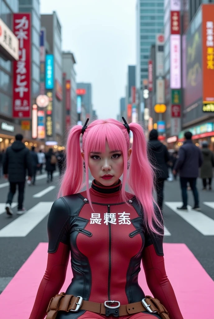 ((Highest quality)), ((masterpiece)), (photograph), (Japanese women), (Deadpool costume and makeup:1.5), (White letters on the chest「mu-mi」it is written like this:1.4), Deadpool woman with pink hair and twin tails、Lying on a pink bath mat at Tokyo&#39;s Scramble Crossing、Surrounded by passers-by。