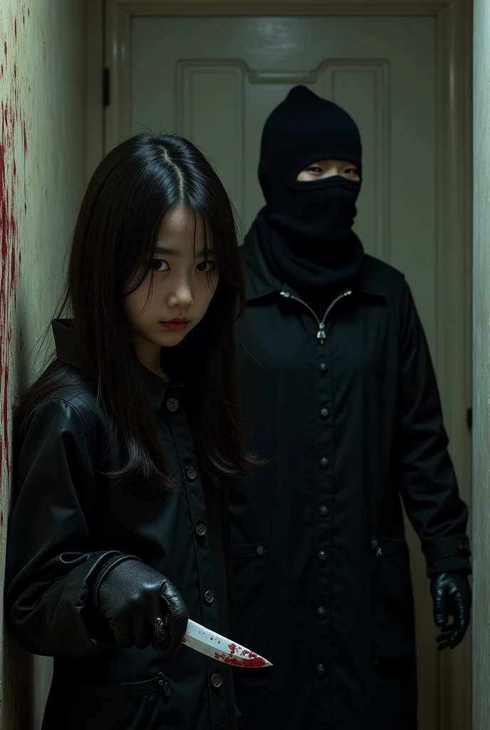 2 korean girls, (holding knife, black balaclava mask), stabbing, black leather gloves, entrance of the house, black raincoat, girl only, bloody knife, leather gloves, looking at viewer, blood splatter, night, mass murderer, killer, blood splatter, bloody room
