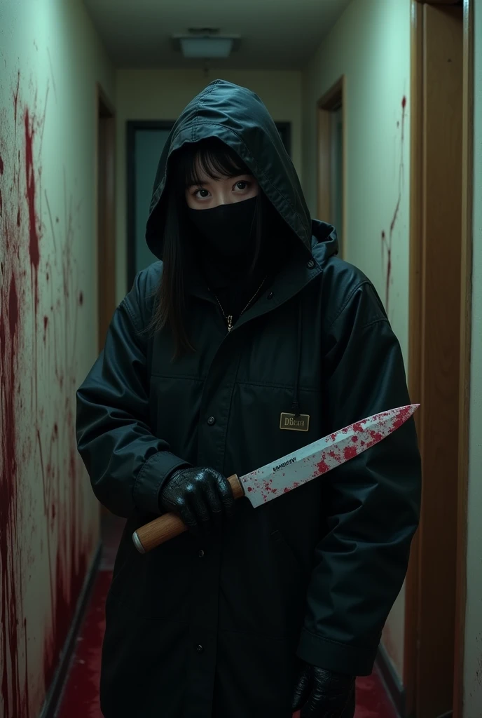 2 korean girls, (holding knife, black balaclava mask), stabbing, black leather gloves, entrance of the house, black raincoat, girl only, bloody knife, leather gloves, looking at viewer, blood splatter, night, mass murderer, killer, blood splatter, bloody room