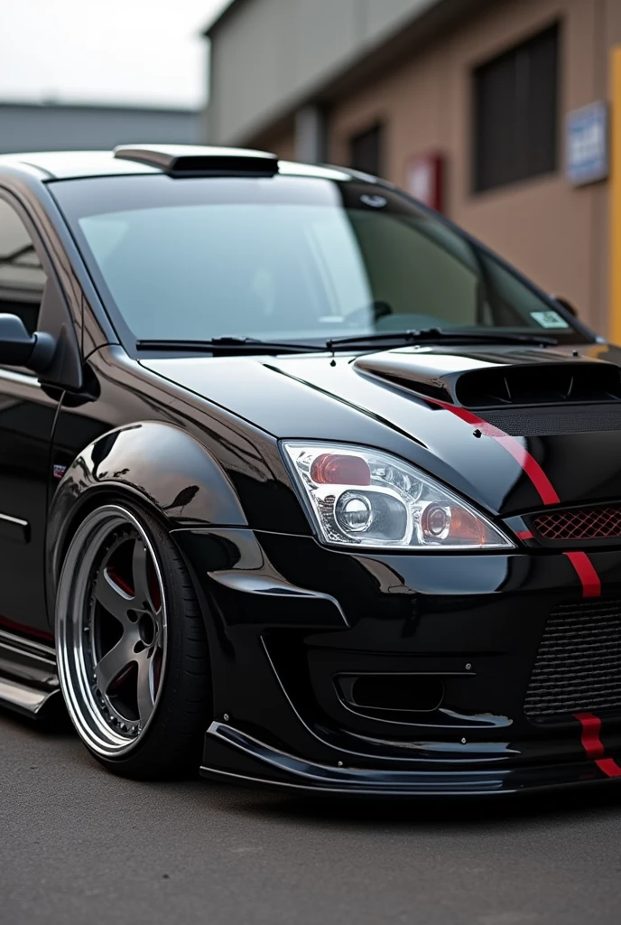 ford fiesta power 2004 , with black racing stripes, con espoiler , body kit and air intakes, custom rims , modified headlights