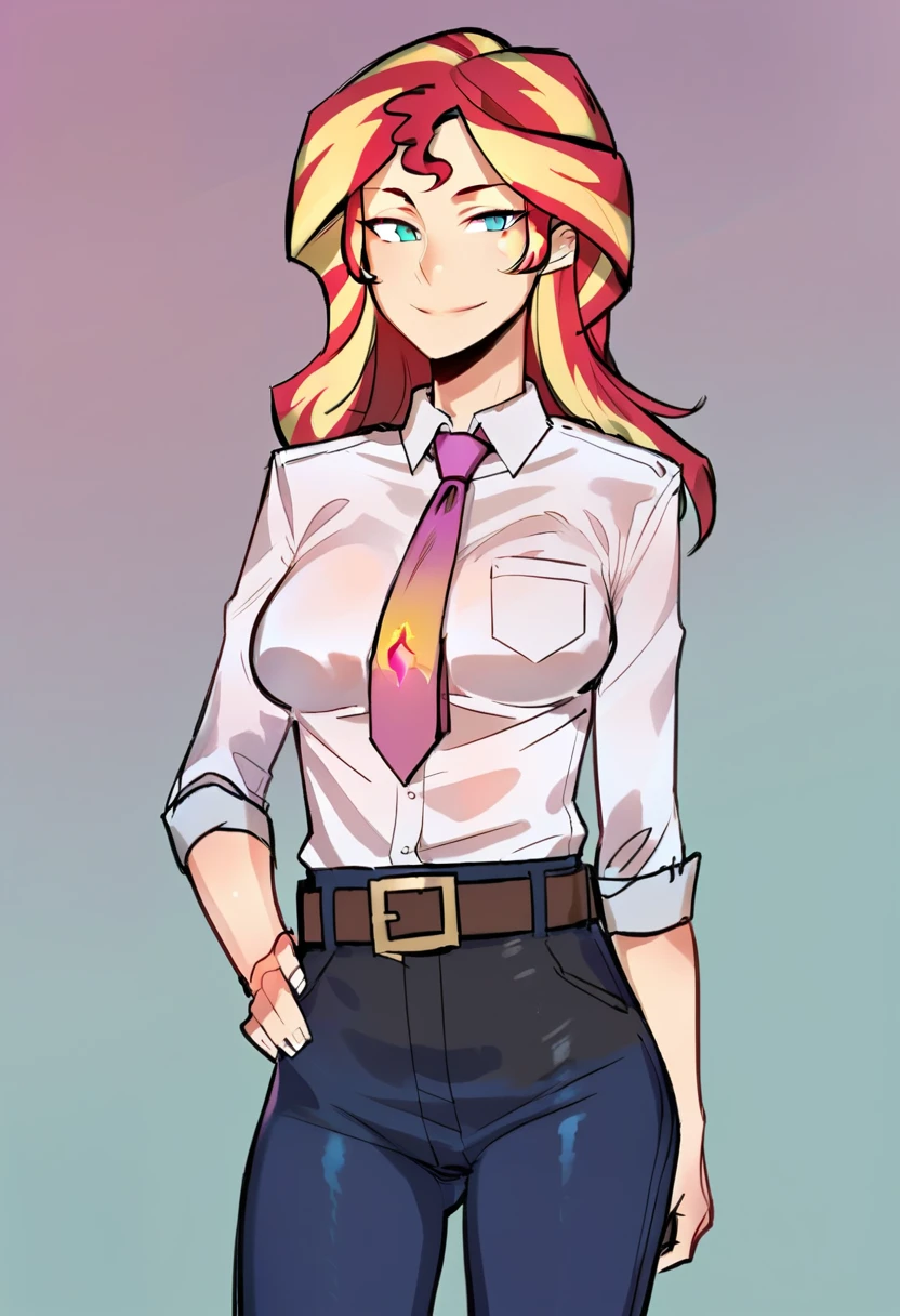 score_9, score_8_up, score_7_up BREAK sunset shimmer, human, g4, belt, clothes, humanized, looking at you, necktie, shirt