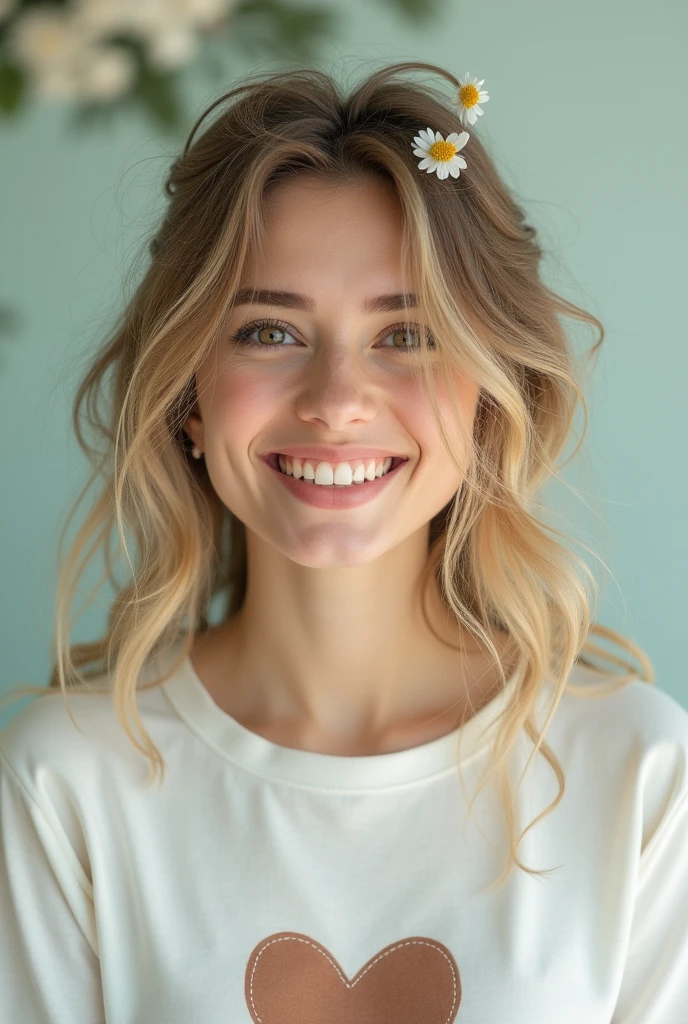 Create a photo of a smiling female character with dark blonde hair thrown all the way to the right side, with a white ornament on her head and a white top with a brown heart drawn on it.