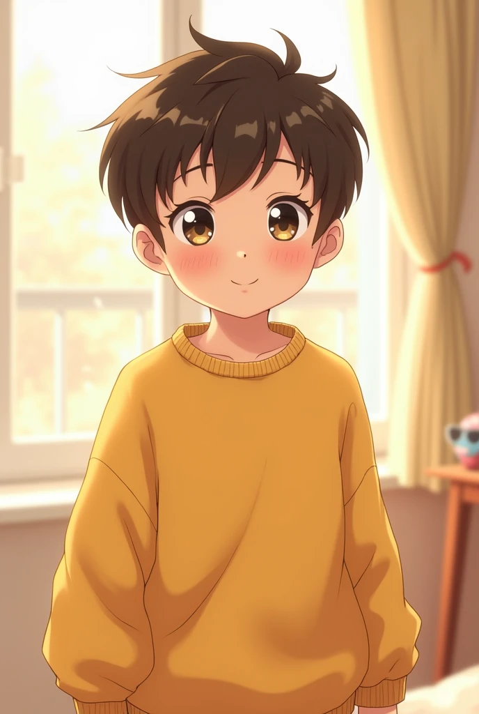 Anime boy yellow sweater and cute smile
