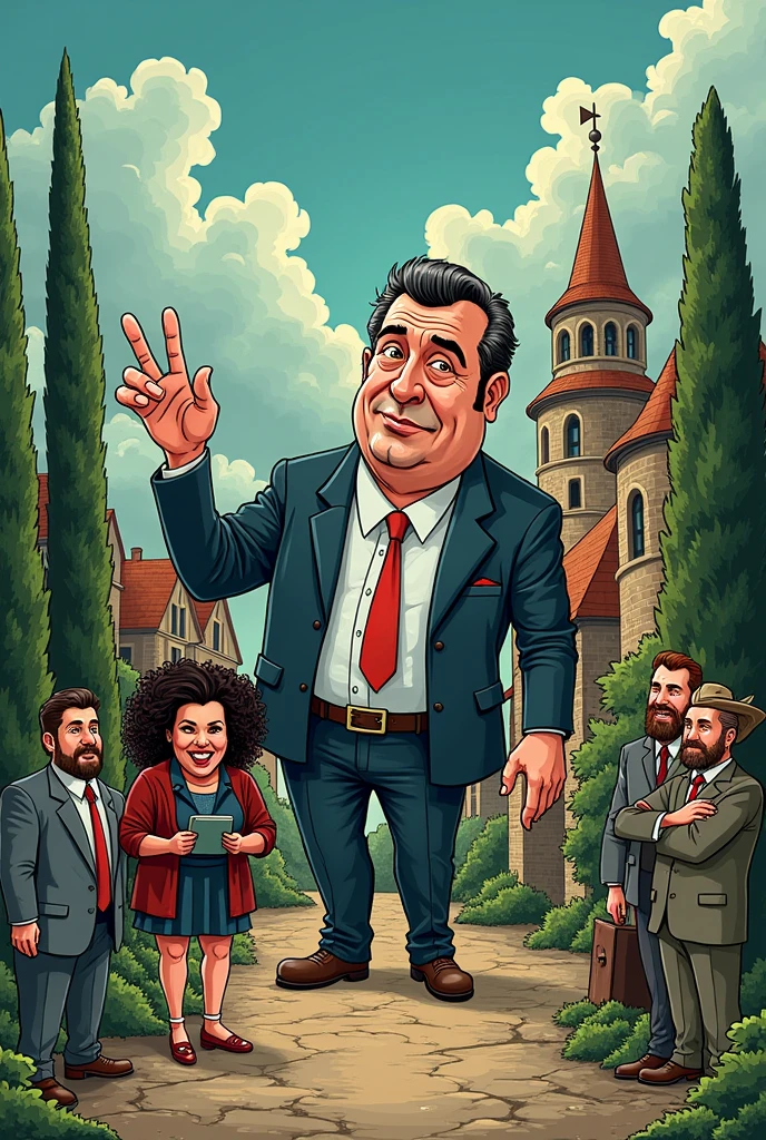 Let's create a cartoon about a historical park in Bulgaria, where the boss has an obsession with grandeur and his subordinates are ready to die for him, regardless of the fact that he manipulates them financially by taking their money, lying to them about how green energy will kill the population and nature