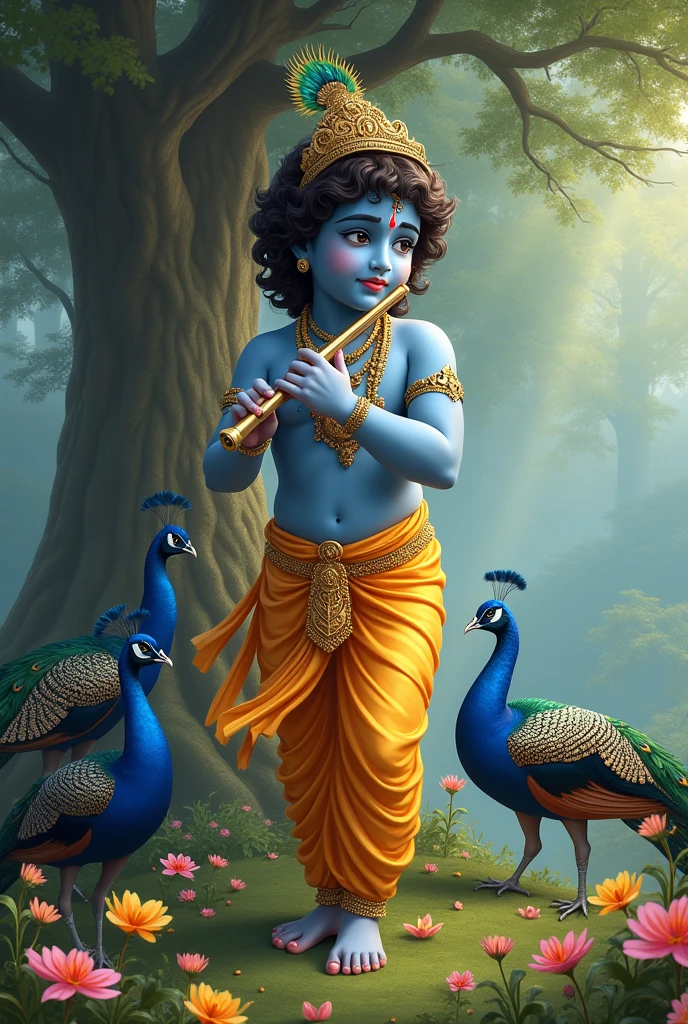 Beautiful kids lord krishna with peacocks flute below a big tree.flowers blooming near