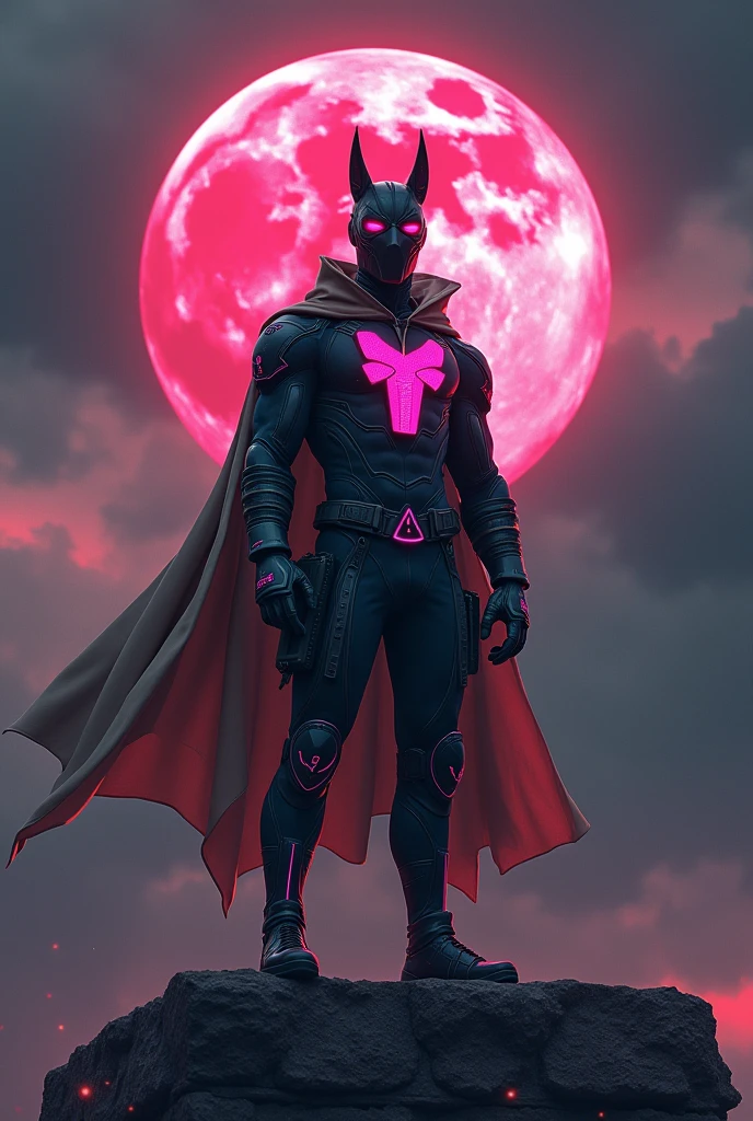 high-tech suit, vivid effects, malaysian superhero (KELUANG MAN) in a striking pink and beige costume cyberpunk design, mask small mini bat ear beige, daredevil biage mask, jumpsuit dark pink stands confidently in a dramatic, stormy landscape. ((Head covered node guard like batman , athletic body type, small mini ear bat mask))The character wears domino mask a helmet with pointed mini torn ears and a flowing cape biege, open nose and mouth. Equipped with visible futuristic weapons on a belt,bullet proof jacket pink dark day, dark night, big supermoon effect .logo on chest triangle shape small punisher logo center triangle cyber logo center on chest pink logo mini logo . rocky. Building top, reverse color. , adding to --ar 3:4 --style raw --stylize 500 --v 6.1