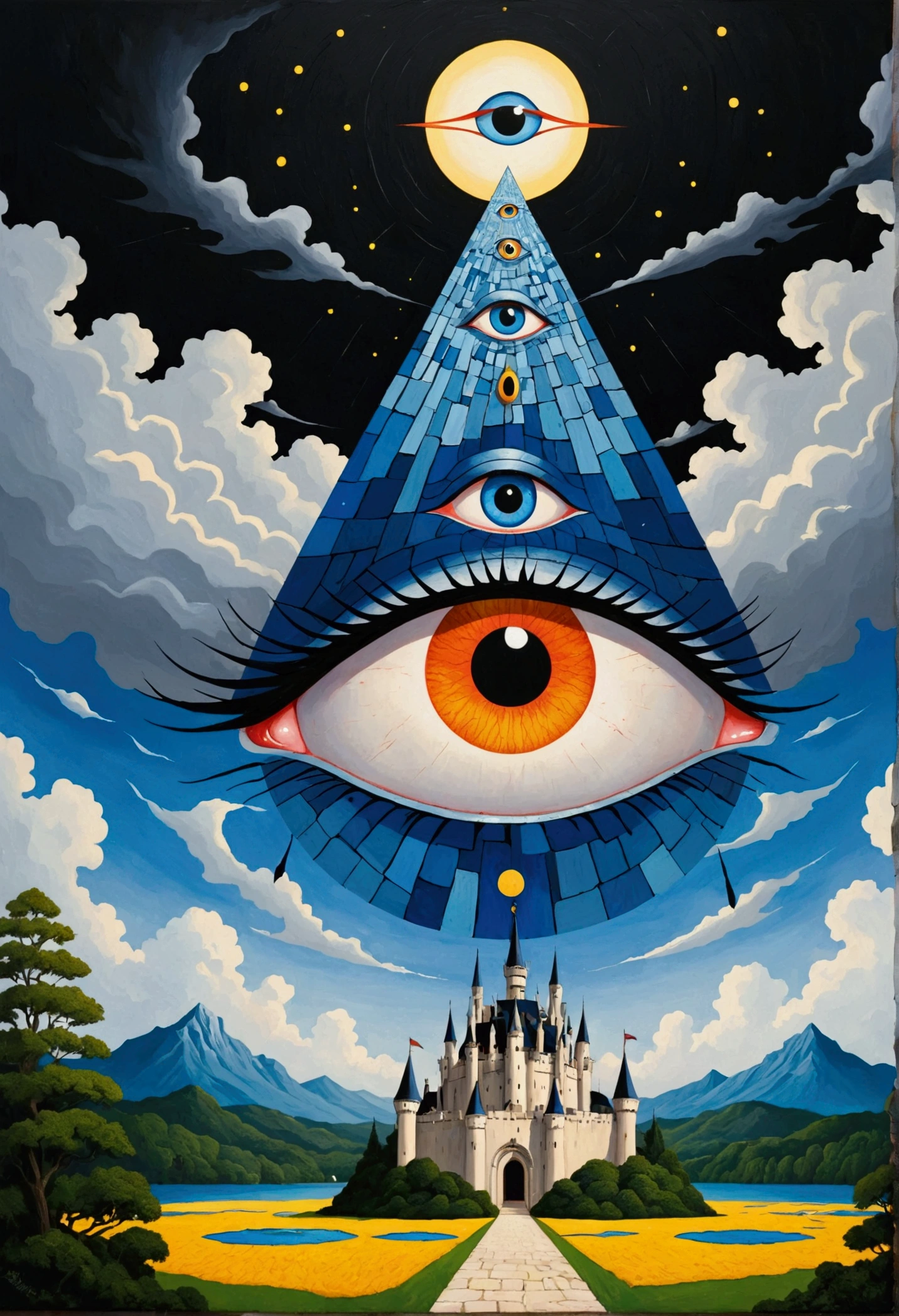 There is a big eye in the painting，There is a castle in the background, Surrealism inspired by Nagai Hiroshi, Winner of the Behance competition, Minimalism, Portrait of a mysterious giant eye, All-Seeing Eye, Third Eye Vision, Fred Tomaselli, Paul Lafley, Fantasy painting, Mysterious eyes, The Third Eye, Highly detailed fantasy art, Mysterious Eye