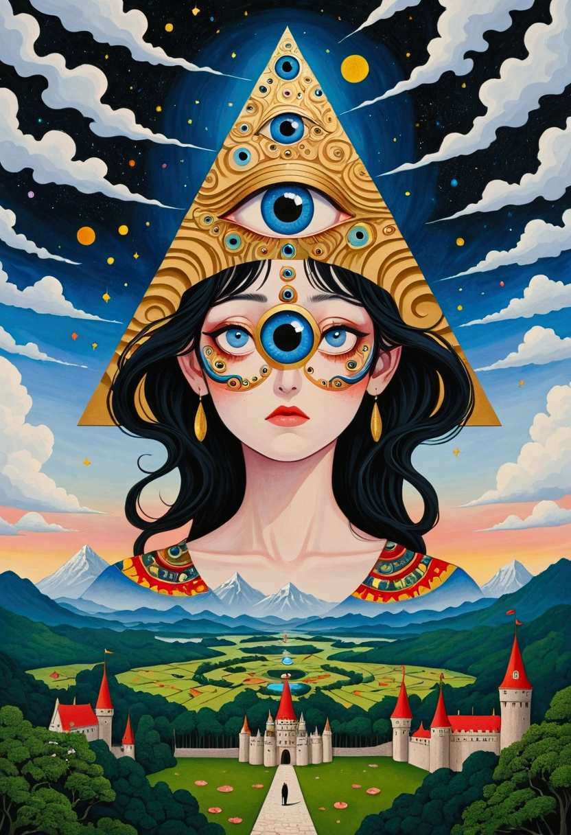 There is a big eye in the painting,There is a castle in the background, Surrealism inspired by Nagai Hiroshi, Winner of the Behance competition, Minimalism, Portrait of a mysterious giant eye, All-Seeing Eye, Third Eye Vision, Fred Tomaselli, Paul Lafley, Fantasy painting, Mysterious eyes, The Third Eye, Highly detailed fantasy art, Mysterious Eye